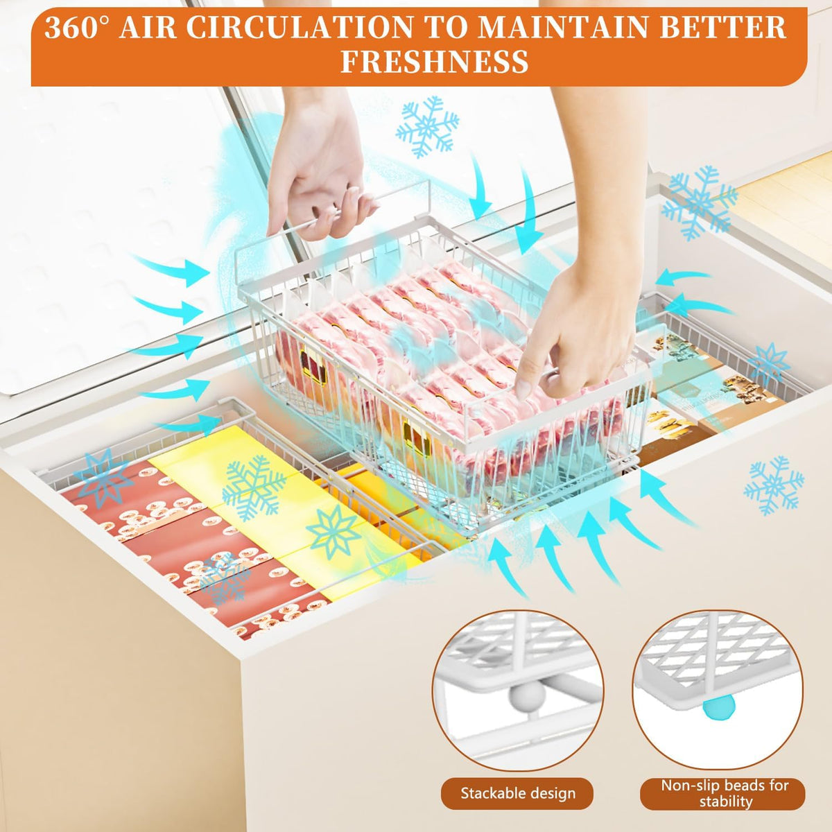 Large Freezer Organizer Bins，Upgraded Bottom Leak-Proof net，Fit 10 to 20 Cu.Ft Deep Freezer，2Pack， Expandable Stackable Chest Freezer Organizer Bins , for Fridge, Deep Freezer, Cabinet（White）