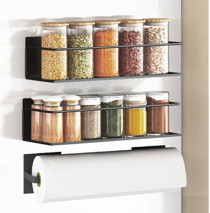 Magnetic Spice Rack For Refrigerator, Magnetic Fridge Shelf For Kitchen, Magnetic Shelf For Fridge Space Saving Black With Magnetic Paper Towel Holder