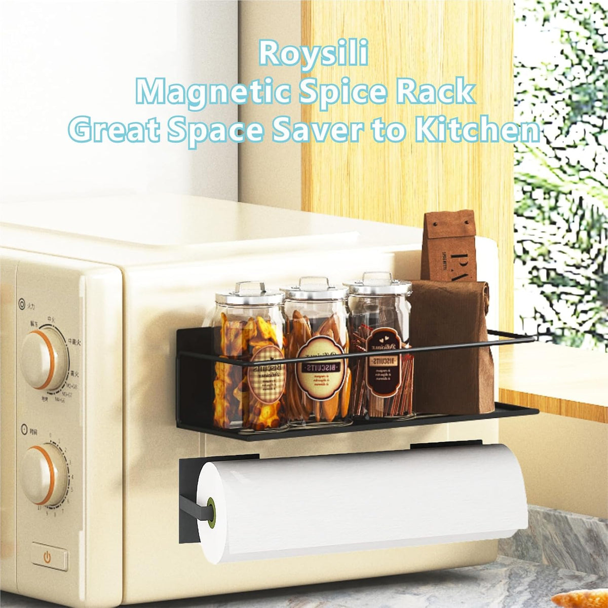 Magnetic Spice Rack For Refrigerator, Magnetic Fridge Shelf For Kitchen, Magnetic Shelf For Fridge Space Saving Black With Magnetic Paper Towel Holder