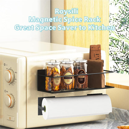 Magnetic Spice Rack For Refrigerator, Magnetic Fridge Shelf For Kitchen, Magnetic Shelf For Fridge Space Saving Black With Magnetic Paper Towel Holder