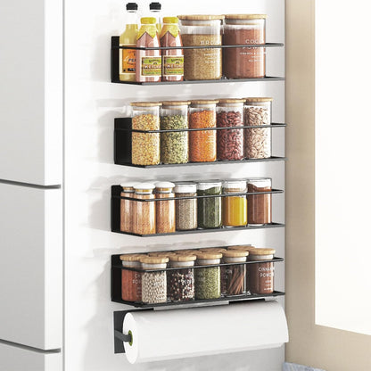 Magnetic Spice Rack For Refrigerator, Magnetic Fridge Shelf For Kitchen, Magnetic Shelf For Fridge Space Saving Black With Magnetic Paper Towel Holder