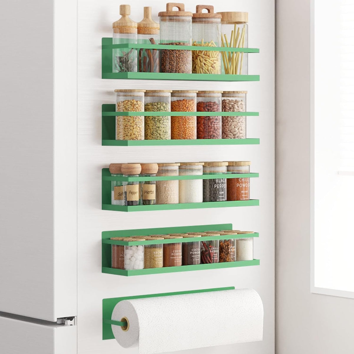 Magnetic Spice Rack For Refrigerator, Magnetic Fridge Shelf For Kitchen, Magnetic Shelf For Fridge Space Saving Black With Magnetic Paper Towel Holder