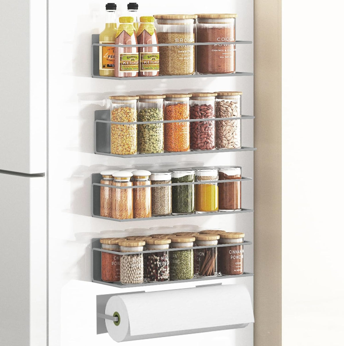 Magnetic Spice Rack For Refrigerator, Magnetic Fridge Shelf For Kitchen, Magnetic Shelf For Fridge Space Saving Black With Magnetic Paper Towel Holder