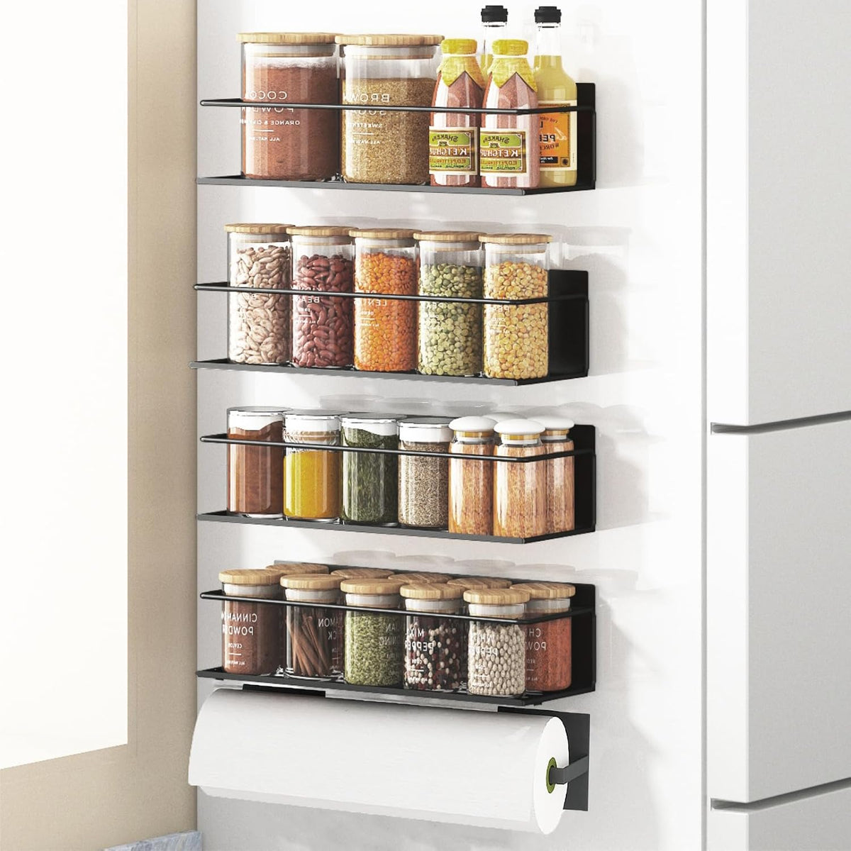Magnetic Spice Rack For Refrigerator, Magnetic Fridge Shelf For Kitchen, Magnetic Shelf For Fridge Space Saving Black With Magnetic Paper Towel Holder