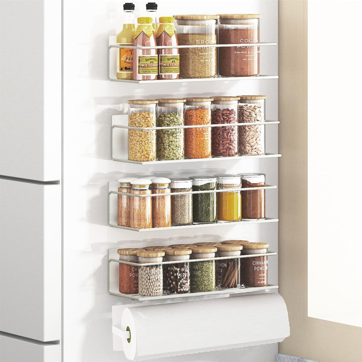 Magnetic Spice Rack For Refrigerator, Magnetic Fridge Shelf For Kitchen, Magnetic Shelf For Fridge Space Saving Black With Magnetic Paper Towel Holder