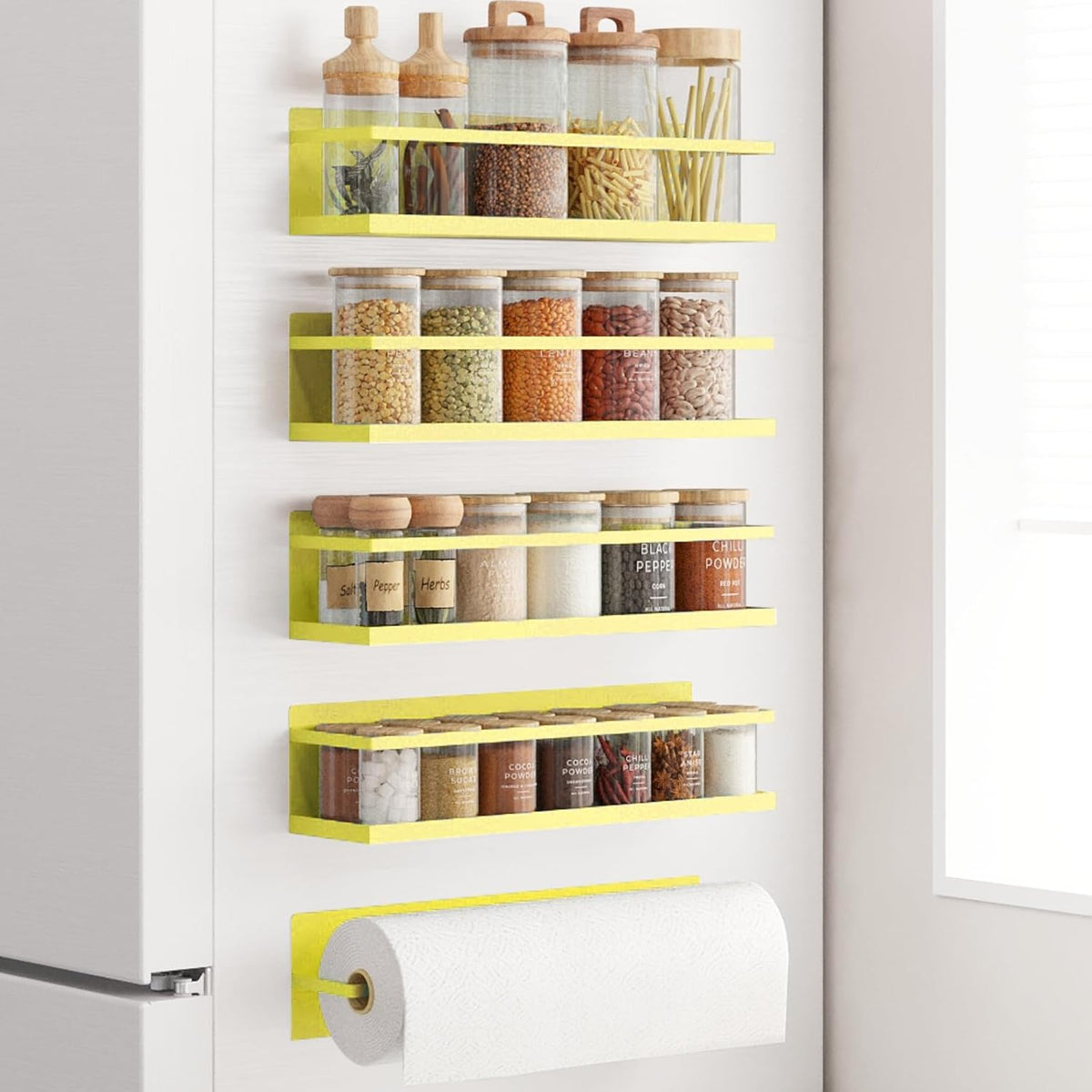 Magnetic Spice Rack For Refrigerator, Magnetic Fridge Shelf For Kitchen, Magnetic Shelf For Fridge Space Saving Black With Magnetic Paper Towel Holder
