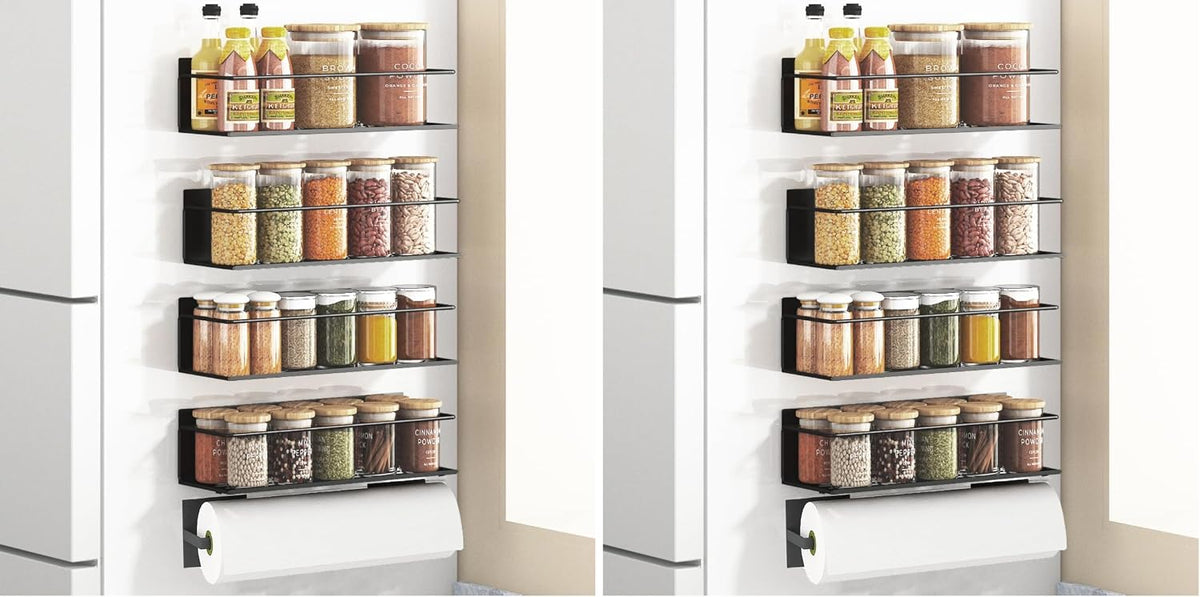 Magnetic Spice Rack For Refrigerator, Magnetic Fridge Shelf For Kitchen, Magnetic Shelf For Fridge Space Saving Black With Magnetic Paper Towel Holder