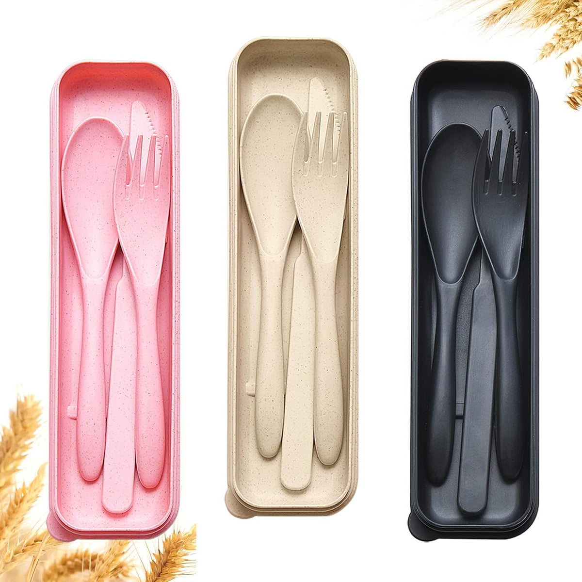 Reusable Travel Utensils Set with Case, Wheat Straw Portable Knife Fork Spoons Cutlery, Eco-Friendly BPA Free Plastic Tableware for Kids Adults Travel Picnic Camping Utensils