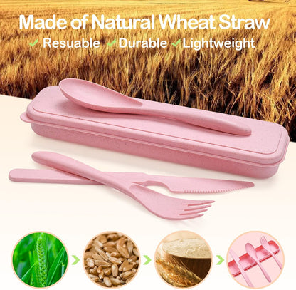 Reusable Travel Utensils Set with Case, Wheat Straw Portable Knife Fork Spoons Cutlery, Eco-Friendly BPA Free Plastic Tableware for Kids Adults Travel Picnic Camping Utensils