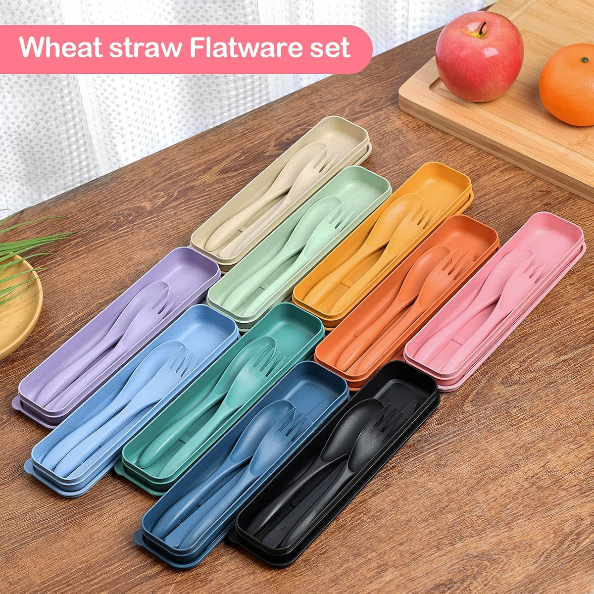 Reusable Travel Utensils Set with Case, Wheat Straw Portable Knife Fork Spoons Cutlery, Eco-Friendly BPA Free Plastic Tableware for Kids Adults Travel Picnic Camping Utensils