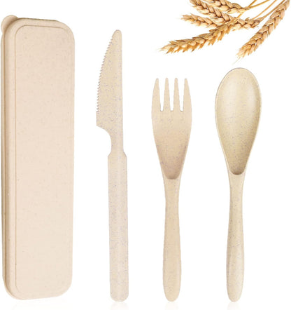 Reusable Travel Utensils Set with Case, Wheat Straw Portable Knife Fork Spoons Cutlery, Eco-Friendly BPA Free Plastic Tableware for Kids Adults Travel Picnic Camping Utensils