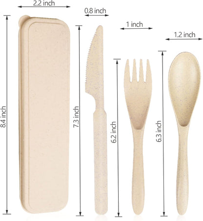 Reusable Travel Utensils Set with Case, Wheat Straw Portable Knife Fork Spoons Cutlery, Eco-Friendly BPA Free Plastic Tableware for Kids Adults Travel Picnic Camping Utensils