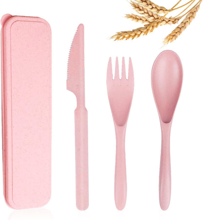 Reusable Travel Utensils Set with Case, Wheat Straw Portable Knife Fork Spoons Cutlery, Eco-Friendly BPA Free Plastic Tableware for Kids Adults Travel Picnic Camping Utensils