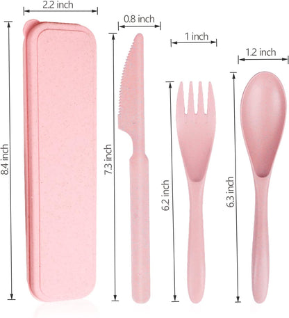 Reusable Travel Utensils Set with Case, Wheat Straw Portable Knife Fork Spoons Cutlery, Eco-Friendly BPA Free Plastic Tableware for Kids Adults Travel Picnic Camping Utensils