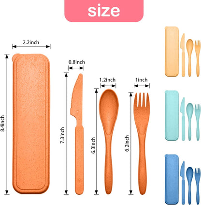 Reusable Travel Utensils Set with Case, Wheat Straw Portable Knife Fork Spoons Cutlery, Eco-Friendly BPA Free Plastic Tableware for Kids Adults Travel Picnic Camping Utensils