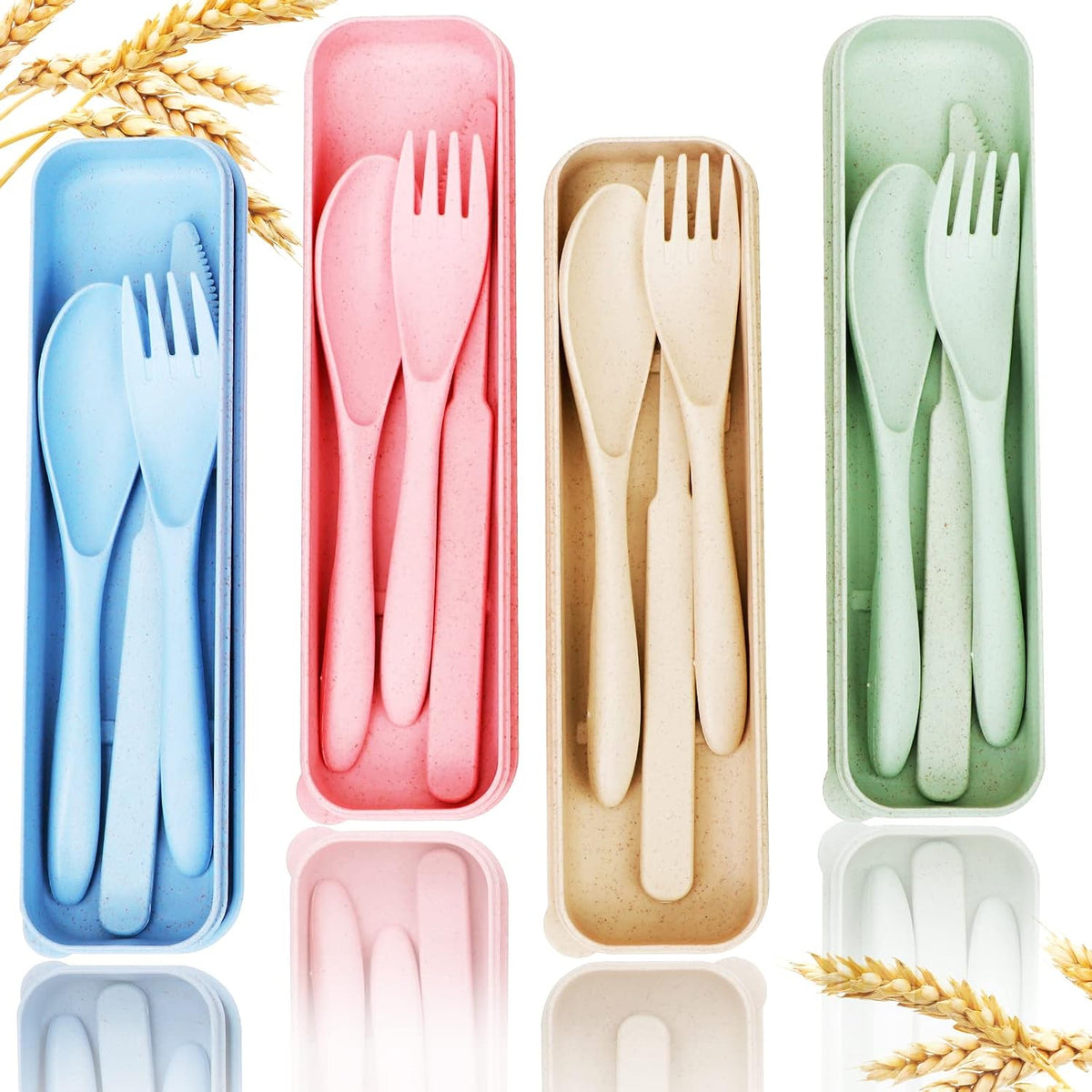 Reusable Travel Utensils Set with Case, Wheat Straw Portable Knife Fork Spoons Cutlery, Eco-Friendly BPA Free Plastic Tableware for Kids Adults Travel Picnic Camping Utensils