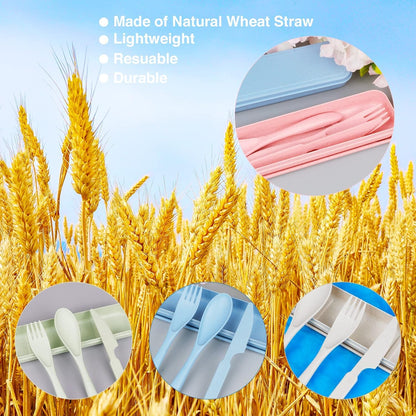 Reusable Travel Utensils Set with Case, Wheat Straw Portable Knife Fork Spoons Cutlery, Eco-Friendly BPA Free Plastic Tableware for Kids Adults Travel Picnic Camping Utensils