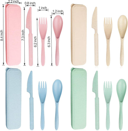 Reusable Travel Utensils Set with Case, Wheat Straw Portable Knife Fork Spoons Cutlery, Eco-Friendly BPA Free Plastic Tableware for Kids Adults Travel Picnic Camping Utensils