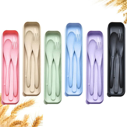 Reusable Travel Utensils Set with Case, Wheat Straw Portable Knife Fork Spoons Cutlery, Eco-Friendly BPA Free Plastic Tableware for Kids Adults Travel Picnic Camping Utensils
