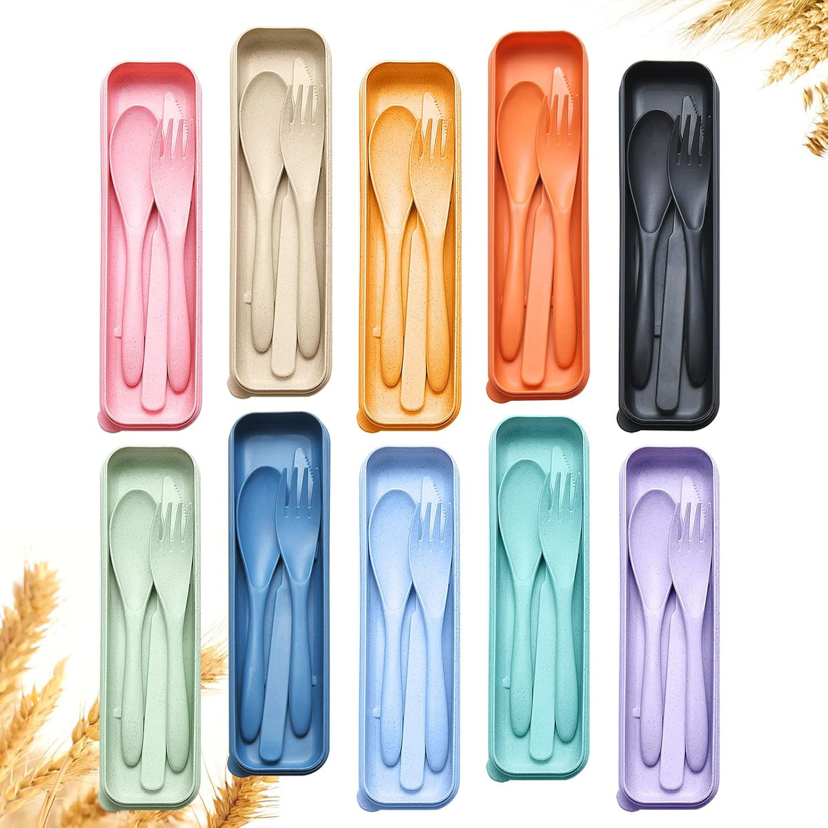 Reusable Travel Utensils Set with Case, Wheat Straw Portable Knife Fork Spoons Cutlery, Eco-Friendly BPA Free Plastic Tableware for Kids Adults Travel Picnic Camping Utensils
