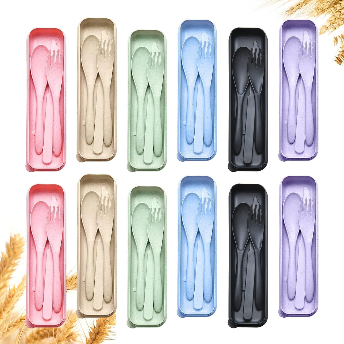 Reusable Travel Utensils Set with Case, Wheat Straw Portable Knife Fork Spoons Cutlery, Eco-Friendly BPA Free Plastic Tableware for Kids Adults Travel Picnic Camping Utensils