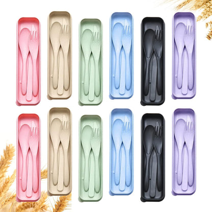 Reusable Travel Utensils Set with Case, Wheat Straw Portable Knife Fork Spoons Cutlery, Eco-Friendly BPA Free Plastic Tableware for Kids Adults Travel Picnic Camping Utensils