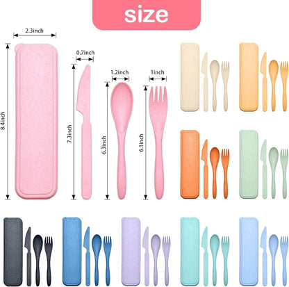 Reusable Travel Utensils Set with Case, Wheat Straw Portable Knife Fork Spoons Cutlery, Eco-Friendly BPA Free Plastic Tableware for Kids Adults Travel Picnic Camping Utensils