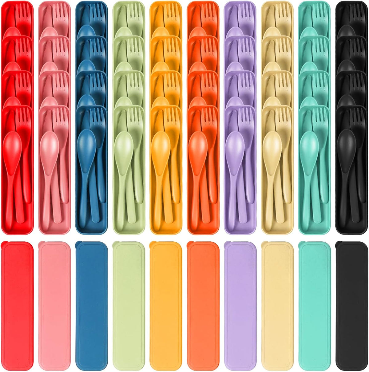 Reusable Travel Utensils Set with Case, Wheat Straw Portable Knife Fork Spoons Cutlery, Eco-Friendly BPA Free Plastic Tableware for Kids Adults Travel Picnic Camping Utensils