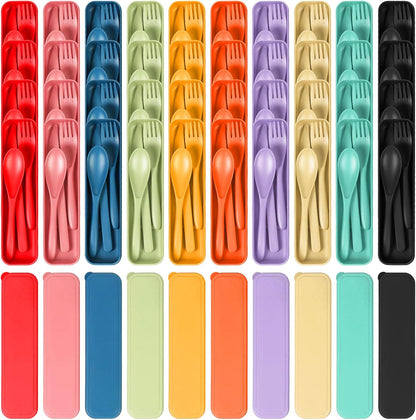 Reusable Travel Utensils Set with Case, Wheat Straw Portable Knife Fork Spoons Cutlery, Eco-Friendly BPA Free Plastic Tableware for Kids Adults Travel Picnic Camping Utensils