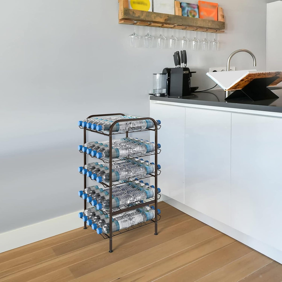 Water Bottle Organizer 7 Tier Free Standing Vertical Metal Water Bottle Rack Shelf Adjustable Water Bottle Beverage Drink Stand Holder for Kitchen Pantry Food Storage, Bronze