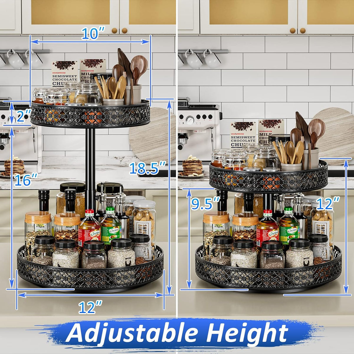 13 inch Lazy Susan Turntable - Metal Spice Organizer for Cabinet Table Top | 360° Smooth Rotating Tray Black Lazy Susan with Rim for Dining Table, Pantry, Countertop, Kitchen, Bathroom Vanity Storage