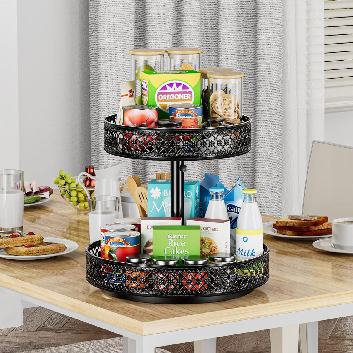 13 inch Lazy Susan Turntable - Metal Spice Organizer for Cabinet Table Top | 360° Smooth Rotating Tray Black Lazy Susan with Rim for Dining Table, Pantry, Countertop, Kitchen, Bathroom Vanity Storage