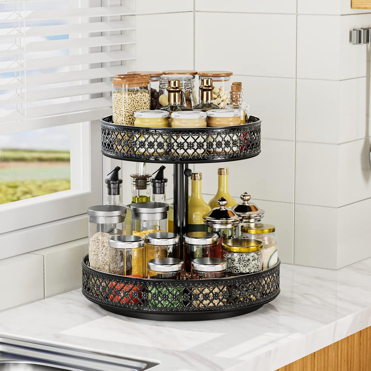 13 inch Lazy Susan Turntable - Metal Spice Organizer for Cabinet Table Top | 360° Smooth Rotating Tray Black Lazy Susan with Rim for Dining Table, Pantry, Countertop, Kitchen, Bathroom Vanity Storage