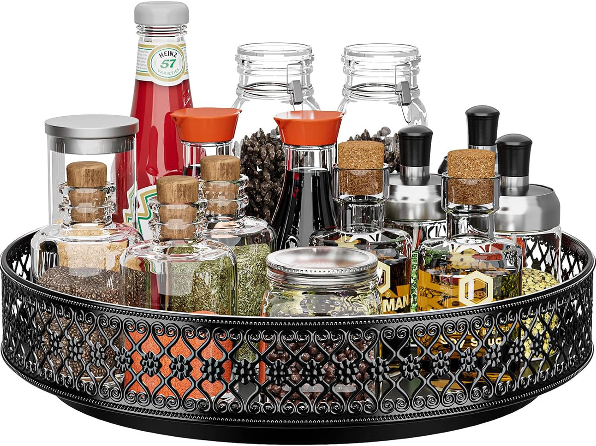 13 inch Lazy Susan Turntable - Metal Spice Organizer for Cabinet Table Top | 360° Smooth Rotating Tray Black Lazy Susan with Rim for Dining Table, Pantry, Countertop, Kitchen, Bathroom Vanity Storage
