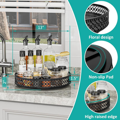13 inch Lazy Susan Turntable - Metal Spice Organizer for Cabinet Table Top | 360° Smooth Rotating Tray Black Lazy Susan with Rim for Dining Table, Pantry, Countertop, Kitchen, Bathroom Vanity Storage