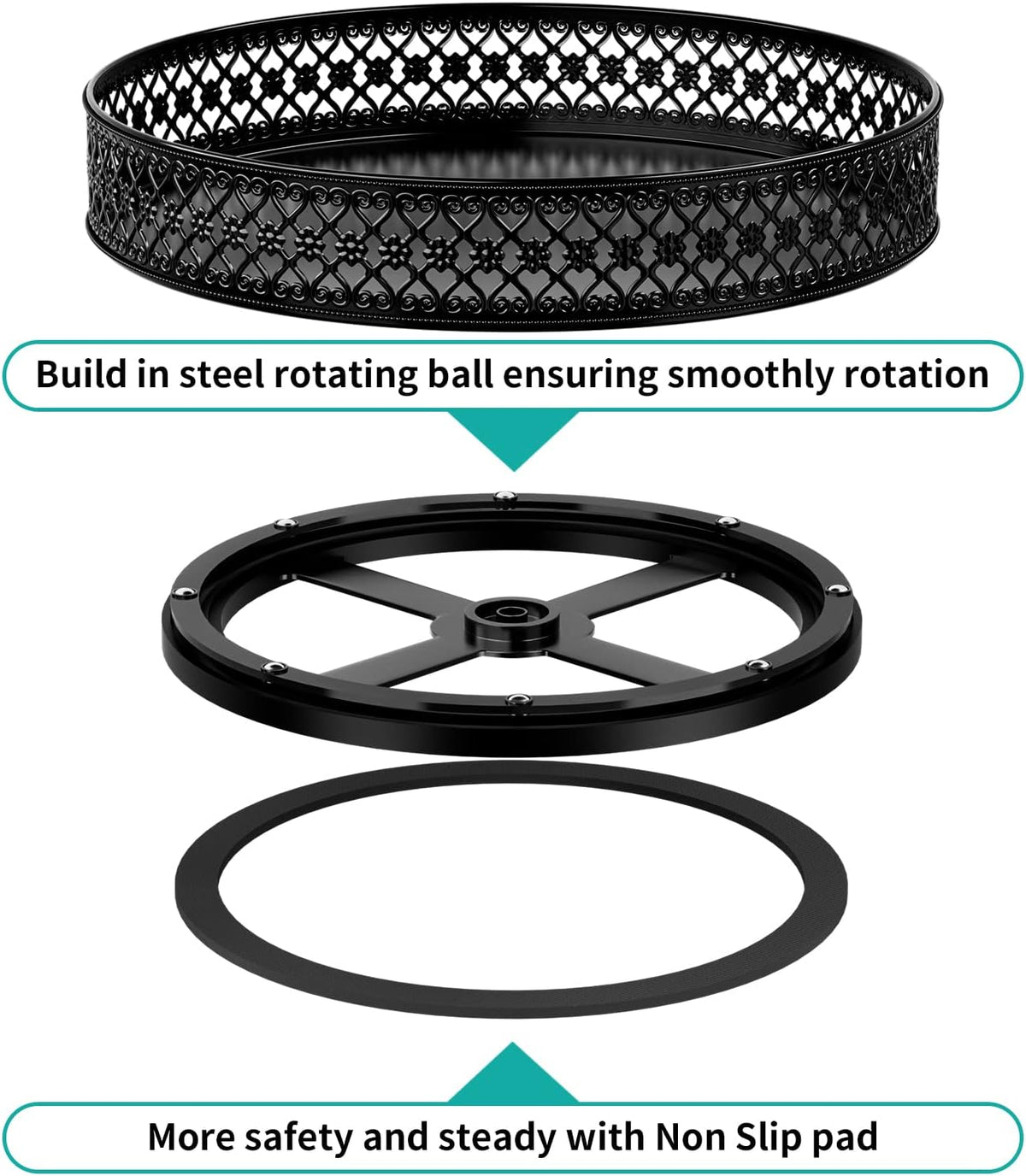 13 inch Lazy Susan Turntable - Metal Spice Organizer for Cabinet Table Top | 360° Smooth Rotating Tray Black Lazy Susan with Rim for Dining Table, Pantry, Countertop, Kitchen, Bathroom Vanity Storage