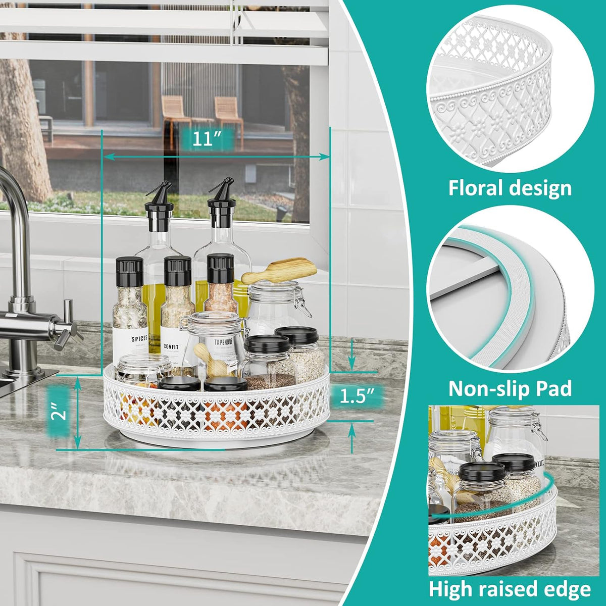 13 inch Lazy Susan Turntable - Metal Spice Organizer for Cabinet Table Top | 360° Smooth Rotating Tray Black Lazy Susan with Rim for Dining Table, Pantry, Countertop, Kitchen, Bathroom Vanity Storage