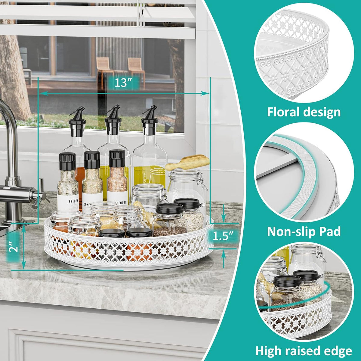 13 inch Lazy Susan Turntable - Metal Spice Organizer for Cabinet Table Top | 360° Smooth Rotating Tray Black Lazy Susan with Rim for Dining Table, Pantry, Countertop, Kitchen, Bathroom Vanity Storage