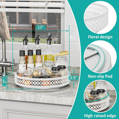 13 inch Lazy Susan Turntable - Metal Spice Organizer for Cabinet Table Top | 360° Smooth Rotating Tray Black Lazy Susan with Rim for Dining Table, Pantry, Countertop, Kitchen, Bathroom Vanity Storage