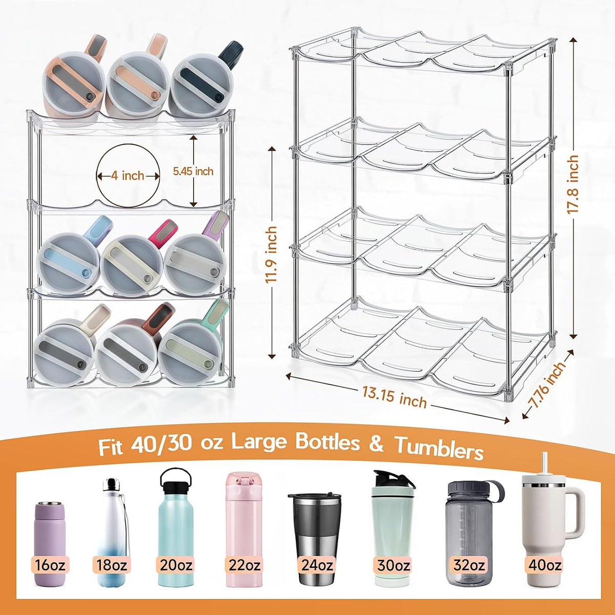 Water Bottle Organizer for Stanley 40 oz Tumbler, Stackable Tumbler Storage, Water Bottle Organizer for Cabinet, Pantry Kitchen Storage & Organization for Stanley Cup - Hold 9 Bottles