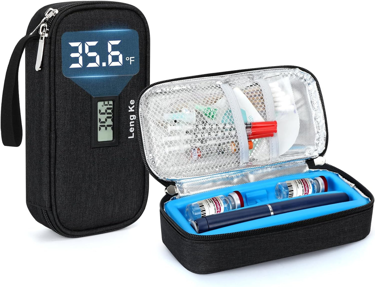 Insulin & peptide Cooler Travel Case for Pen & Vials, Temperature Display Diabetic Med Cooling Bag with Protective Ice Brick, TSA Approved Refrigerated Diabetes Supplies Carrying Organizer