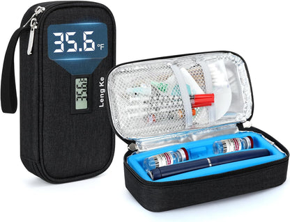 Insulin & peptide Cooler Travel Case for Pen & Vials, Temperature Display Diabetic Med Cooling Bag with Protective Ice Brick, TSA Approved Refrigerated Diabetes Supplies Carrying Organizer