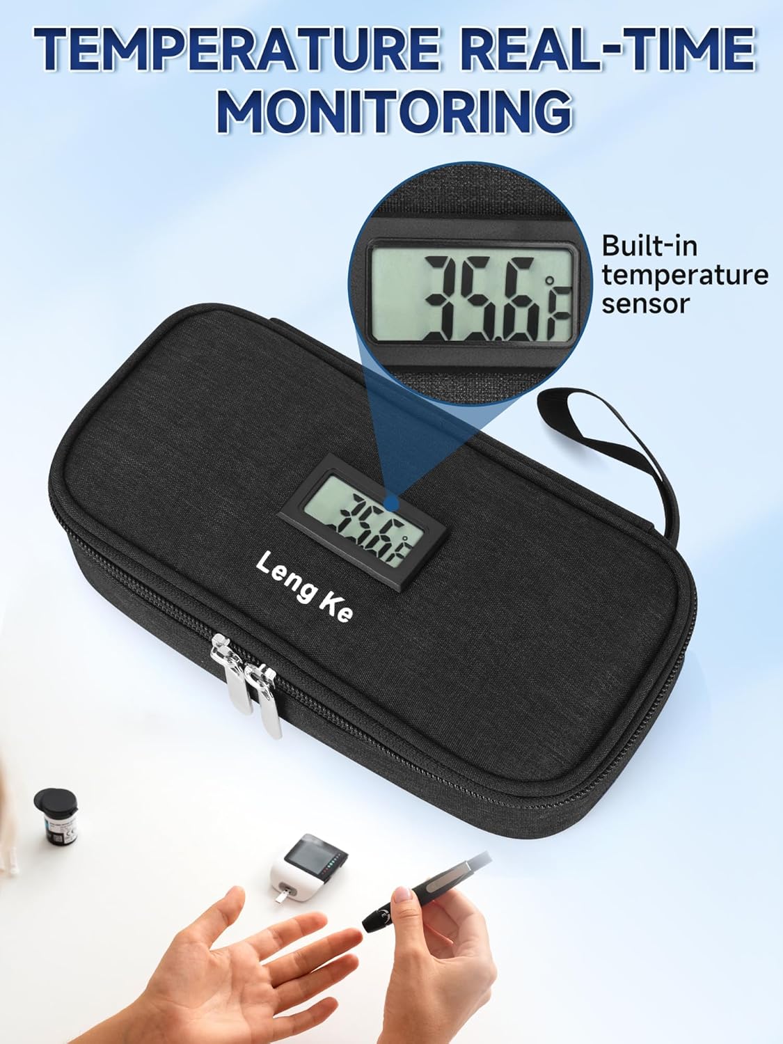 Insulin & peptide Cooler Travel Case for Pen & Vials, Temperature Display Diabetic Med Cooling Bag with Protective Ice Brick, TSA Approved Refrigerated Diabetes Supplies Carrying Organizer