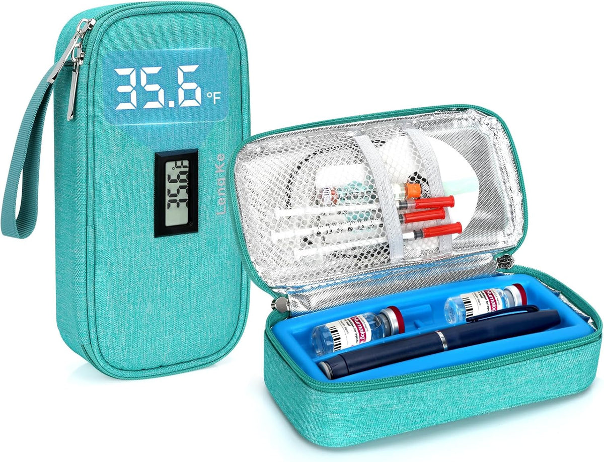 Insulin & peptide Cooler Travel Case for Pen & Vials, Temperature Display Diabetic Med Cooling Bag with Protective Ice Brick, TSA Approved Refrigerated Diabetes Supplies Carrying Organizer