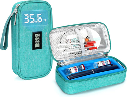 Insulin & peptide Cooler Travel Case for Pen & Vials, Temperature Display Diabetic Med Cooling Bag with Protective Ice Brick, TSA Approved Refrigerated Diabetes Supplies Carrying Organizer