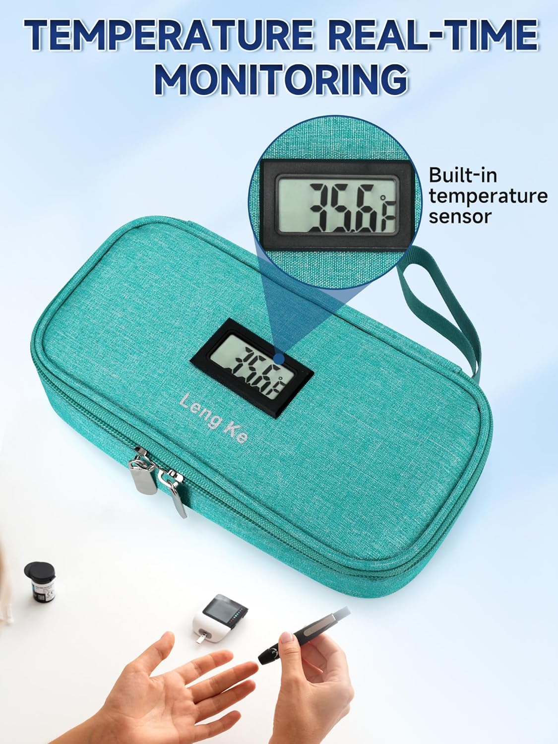 Insulin & peptide Cooler Travel Case for Pen & Vials, Temperature Display Diabetic Med Cooling Bag with Protective Ice Brick, TSA Approved Refrigerated Diabetes Supplies Carrying Organizer