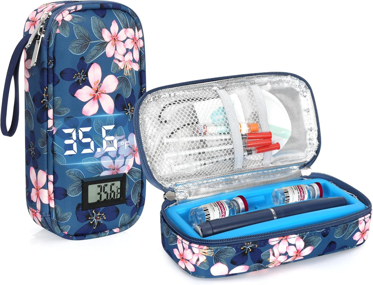 Insulin & peptide Cooler Travel Case for Pen & Vials, Temperature Display Diabetic Med Cooling Bag with Protective Ice Brick, TSA Approved Refrigerated Diabetes Supplies Carrying Organizer
