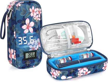 Insulin & peptide Cooler Travel Case for Pen & Vials, Temperature Display Diabetic Med Cooling Bag with Protective Ice Brick, TSA Approved Refrigerated Diabetes Supplies Carrying Organizer