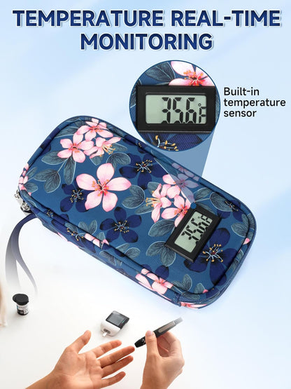 Insulin & peptide Cooler Travel Case for Pen & Vials, Temperature Display Diabetic Med Cooling Bag with Protective Ice Brick, TSA Approved Refrigerated Diabetes Supplies Carrying Organizer