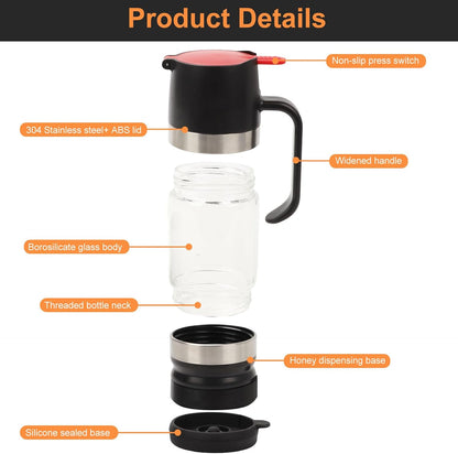 Honey Dispenser, Glass Honey Dispenser No Drip, Honeys Pot with Stand, Refillable Honeys Container, No Drip Glass Syrup Container for Syrup, Agave, Salad Dressing, Breakfast Use (Black, 12Oz)